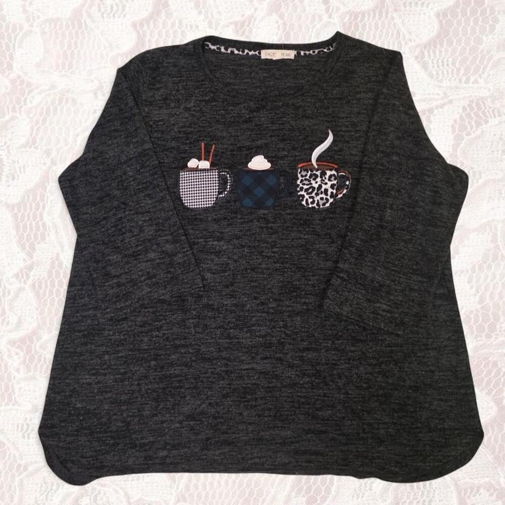 Grey and Black Coffee Mug Appliqué Top Shirt XXL